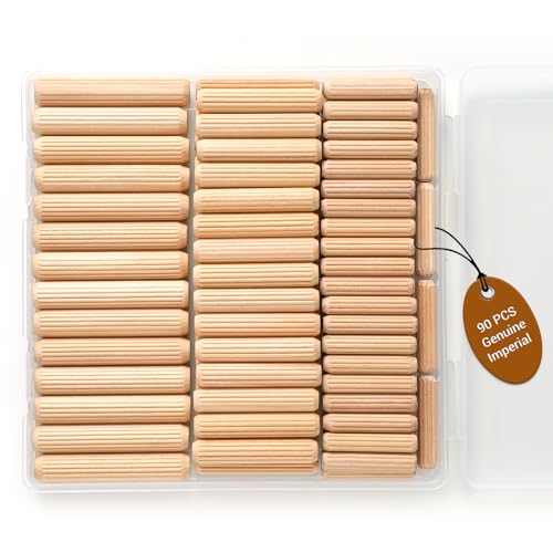 HIQUODIN 90PCS Wooden Dowel Pins Kit for DIY, Genuine Imperial Diameters 1/4, 5/16, 3/8 inch Wood Dowels for Furniture Repair, Woodworking