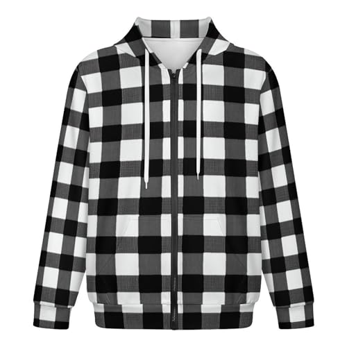 Plaid Black And White Men's Hoodies with Zipper Lightweight Long Sleeve Casual Sweatshirts4