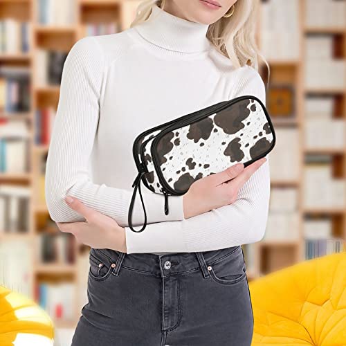 Image of ZAZYXTJ Cow Print Large Capacity Pencil Case 3 Compartment Pen Pouch Storage Canvas Makeup Bag for School Office Teen Girl Boy Men Women