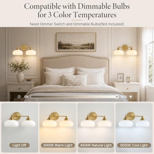 Image of Vintage Milk Glass Wall Sconce,2 Lights Antique Brass Bathroom Vanity Light | Mid Century Modern Gold Bathroom Sconce over Mirror,Milk White Glass Wall Lights Decor Lamp for Bedroom Living Room Hallway