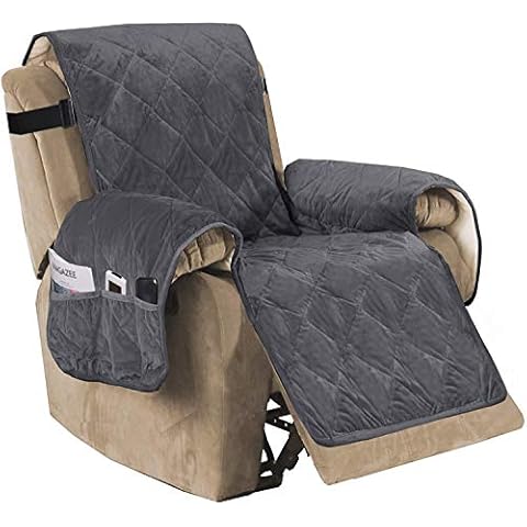 Luxury Velvet Plush Large Width Recliner Chair Cover with Straps Three Pockets, Dog Couch Covers for Armchair Seat Width Up to 28", Living Room Slipcover, Corner Sofa Protector (Grey) Cover
