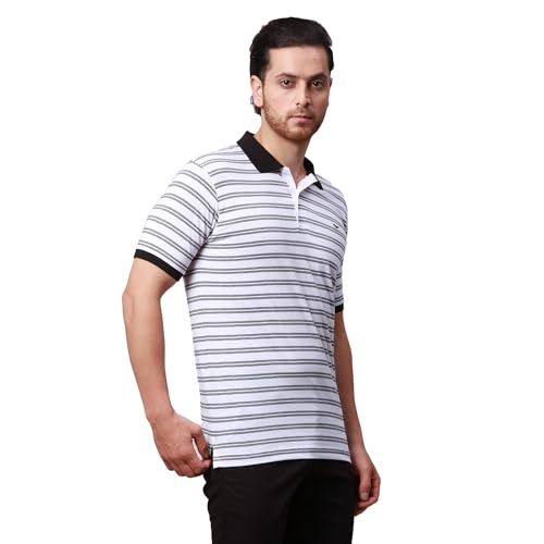 Image of Park Avenue Men's Cotton Polyester Blend Stripe Pattern Slim Fit Rib Collar Polo Neck Half Sleeve Casual T-Shirt