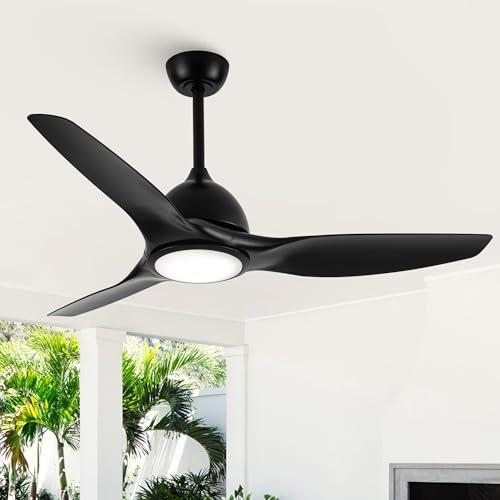 Vaczon Ceiling Fans with Lights, 52 Inch Black Ceiling Fan with Light and Remote, LED Lighting Dimmable, Indoor Outdoor Modern Ceiling Fan, Quiet DC Motor for Bedroom, Living Room, Easy Installation