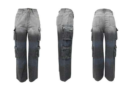 LKOUS Women’s Y2K High Waist Baggy Denim Jeans Streetwear Cargo Straight Fit Wide Leg Pants with Multiple Pockets4