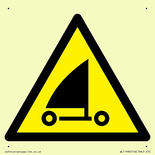 W059 Warning: Sand yachting Sign - 100x100mm - S10, Yellow/White