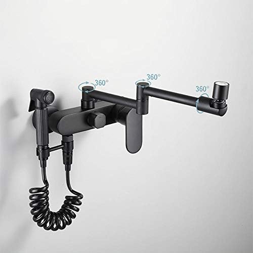 WallMounted Kitchen Faucet with Swivel Spray 2Handle Hot & Cold Water Mixer Black Brass Laundry Sink Tap Dual Function for Kitchen & Laundry Use