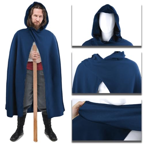 FSUJWOA Renaissance Kapuzenumhang mittelalter kleidung herren Hexenmantel mit Kapuze umhang (Blau, Stil-1)