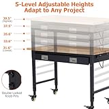 GarveeTech Adjustable Workbench for Garage, 48 in Rubber Wood Top Workbench With Drawer Storage Pegboard, 2000 LBS Load Capacity, Heavy Duty Workstation With Power Outlets & Wheels, Tool Storage Bench