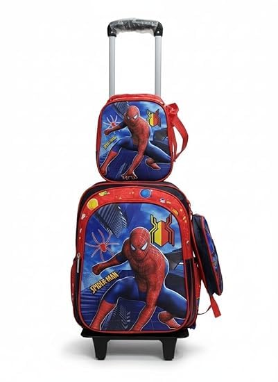 Image of Kids 17 Inch School Backpack Combo Set - Lunch Box Bag & Stationery Pouch | Trolley Bag with 2 Wheels | Durable Polyester Carry-on Travel & School Bag for Boys (Red 1)