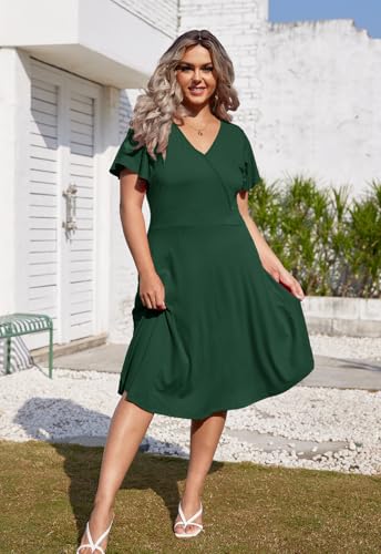 Image of Women's Plus Size Summer Dresses V Neck Ruffle Short Sleeve Casual Wrap A Line Midi Dress with Pockets
