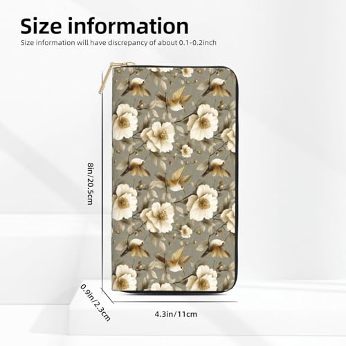 Leather Thin Slim Wallets for Women Men - Fashion White Flower Gold Hummingbird Print Card Wallet Holder with Zipper2