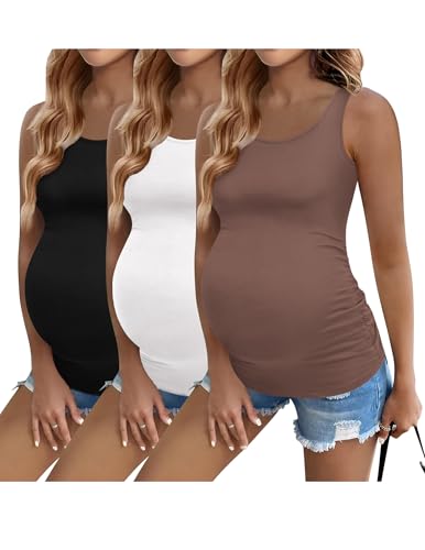 Image of Ekouaer 3 Pack Women Maternity Tank Tops Ruch Side Basic Shirts Summer Postpartum Tops Sleeveless Pregnancy Workout Clothes