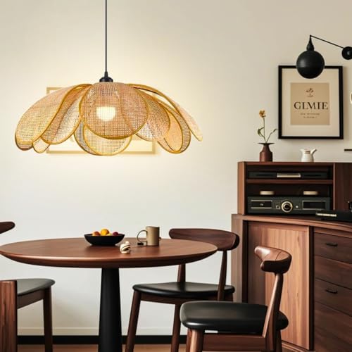 PANNN Lámpara Colgante E27 Lámpara Colgante Japonesa De Mimbre Lámpara De Cocina En Forma De Pétalo Estilo Bohemio Ideal para Restaurantes Iluminación Decorativa para Salones(A-50CM)