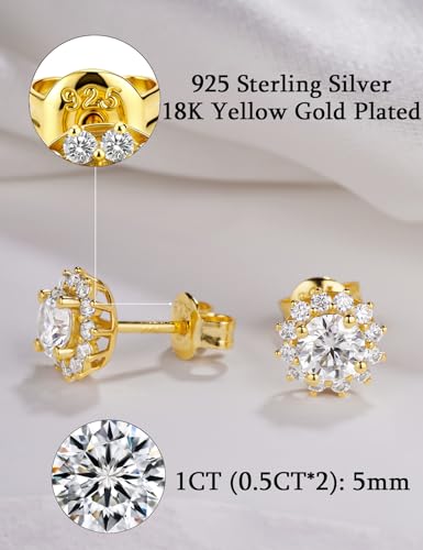 IMOLOVE Moissanite Stud Earrings in Sterling Silver With Yellow Gold Plated Trendy Flower Shaped Halo Earrings for Women — view 2