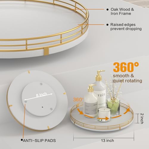 Image of 13 inch Wooden Lazy Susan Turntable for Cabinet - Round Rotating Spice Rack Organizer, White Kitchen Countertop Tray for Dining Table & Pantry Storage (White & Gold)