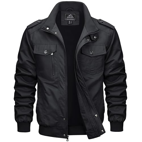 MAGCOMSEN Herren Stehkragen Cargo Jacke Baumwolle Armee Feldjacke Herren Outdoor Winddicht Blouson Atmungsaktiv Freizeitjacke Retro Bomber Jacken mit Taschen Schwarz XL