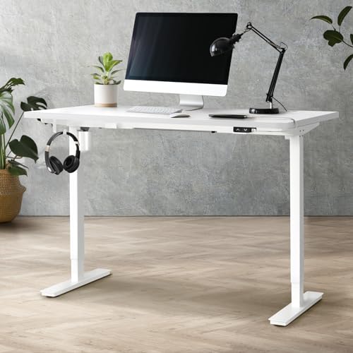 Oikiture Electric Standing Desk with 140cm Desktop Ergonomic Height Adjustable Sit Stand Desk All White