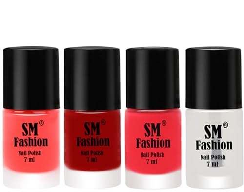 Image of Nail Polish Combo Set (Pack of 4) Quick Dry Gel Finish Nail Paint | Baby Pink,Light Red,Rose Pink,Top Coat | 7 ml Each
