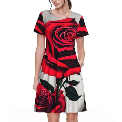 Robe d'été imprimé rose rouge fluide pour un confort sans pli