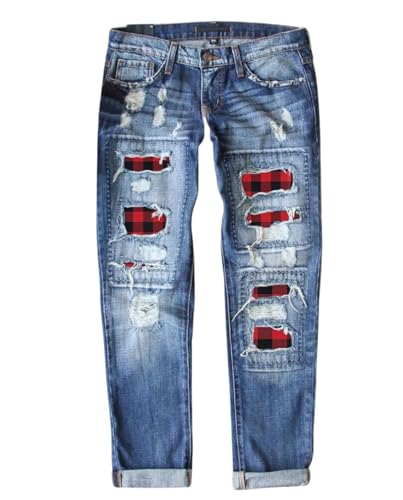 Plus Size Boyfriend Jeans for Women Trendy Cowboy Patch Work Distressed Jeans Casual Baggy Ripped Bling Blue Pants