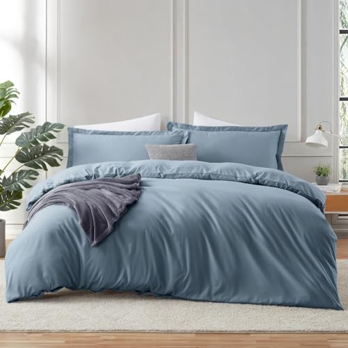 Image of Hearth & Harbor Stone Blue Duvet Cover Queen Size, 3 Piece Bedding Set | Soft Double Brushed Bedding Set, Button Closure, 1 Duvet Cover 90x90 Inches, 2 Pillow Shams