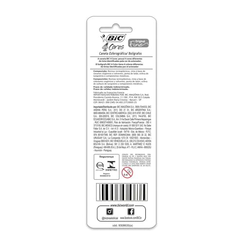Caneta Esferográfica Retrátil BIC, 4 Cores, Original Fine, Corpo Vermelho, Ponta Fina de 0.8mm, 9298