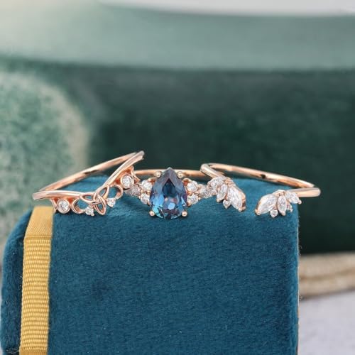 3Pcs Alexandrite Ring Set for Women,925 Sterling Silver Oval Cut Alexandrite Wedding Ring Set with Moissanite Gemstone Ring Set for Wife Wedding Promise Ring4