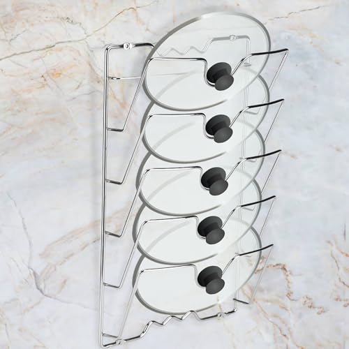 Estink Organizador de Tapas de Ollas, Soporte de pared vertical para Tapas de Ollas, Organizador de Sartenes y Tapaderas con 5 Compartimientos para Almacenar Tapas de Ollas,Platos, 40,7x25,7x7,5 cm