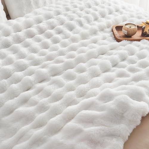 Image of EMME Faux Fur Blanket King Size White - Big Bubble Rabbit Cozy Blanket for Couch, Thick Furry Plush Shaggy Blankets, 650GSM, 108x90 Inches