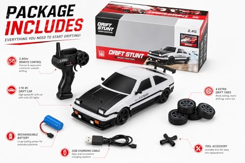 Image of 1:16 RC Drift Car, 2.4GHz Remote Control Racing Car with LED Lights, Rechargeable Battery, USB Charging, 4 Spare Drift Tires, High Speed Toy for Kids, Boys & Girls