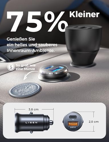LISEN 54W Zigarettenanzünder USB C, PD&QC3.0 Auto Ladegerät KFZ, 12V USB Adapter Auto Zigarettenanzünder Steckdose für iPhone 17 Pro Max Air, Galaxy S25 Ultra, Xiaomi 15 und mehr