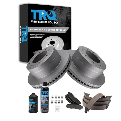 Image of TRQ Rear Brake Pad & Rotor Kit, with Chemical Kit Parking Brake Shoe Set Ceramic Premium G-Coated Compatible with 2013-2021 Ford F-250 Super Duty F-350 Super Duty