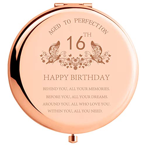 Sweet 16th Birthday Gifts for Girls Stainless Steel Portable Compact Makeup Mirror Behind You All Your Memories Inspiration Presents with Gift Box Engraved Cosmetic Mirror for Daughter Rose Gold