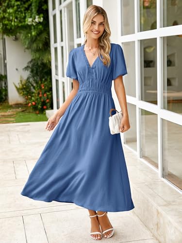 Image of Simplee Women's Summer Flowy Midi Dress Casual V Neck Short Sleeve Empire Waist Boho Beach Dress Wedding Guest Maxi Dress