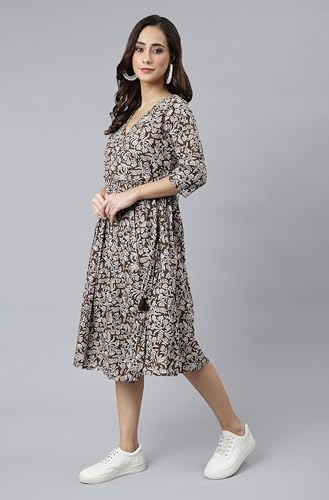 Image of Janasya Women's Cotton Floral Print Angrakha Dress