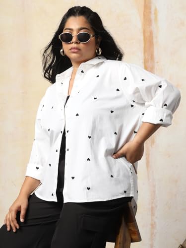 Image of HIGH Star Oversized Embroidered Cotton Shirt for Women | Stylish Tops for Women | Comfortable and Trendy Casual Shirt