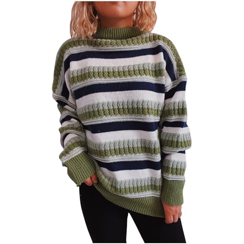 Womens Fashion Turtleneck Sweaters Oversized Knit Pullover Cable Chunky Long Sleeve Casual Striped Tops Fall Outfits