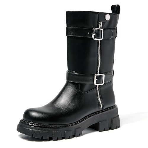 Women's Combat Boots Chunky Platform Mid Calf Boots Ankle Buckle Biker Boots Round Toe Motorcycle Moto Bootie