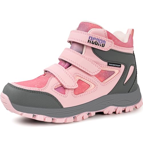 R CORD Kids Hiking Boots Waterproof Girls Boys Hiking Boots Non-Slip for Outdoor Athletic Hook and Loop Closure Kids Hiking Shoes
