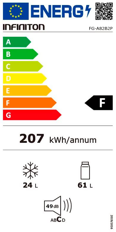 INFINITON | Frigorifico FG-A82B2P | Dos Puertas | Capacidad 85 L | Descongelación DEFROST | Alto 85 Cm | Clase Energética A+ /F | Temperatura Regulable | Color Blanco |