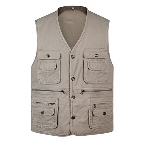 Gilet d'été homme en coton léger taille L veste de randonnée et voyage kaki avec poches