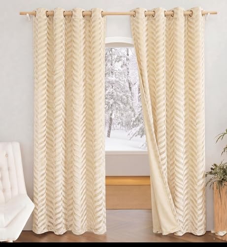 Image of IVAZA Premium Velvet Chevron Pattern 80% Blackout Curtains - Heavy Blackout Opaques,Modern Parde for Living Room Bedroom|Home Office Long Door- 10 Feet (Pack of 2) Chevron Butter Cream