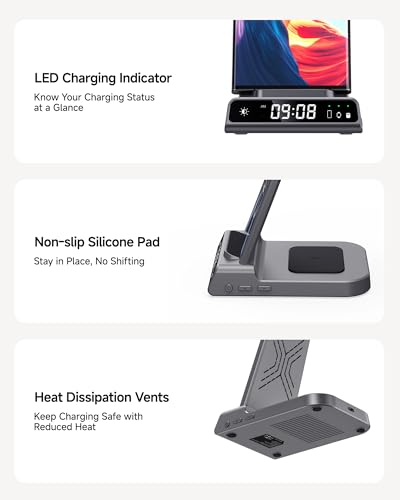 Image of 3 in 1 Wireless Charger for Samsung Galaxy S26 Ultra, Galaxy Watch 8, Buds | Dimmable LED clock, Dual-angle charging stand, Case-friendly, Compact & space-saving, Multi-protection, Charging indicator