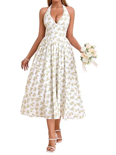 Image of Parthea Women's Gingham Halter V Neck Midi Dress Corset Smocked Sundress Flowy A Line Wedding Guest Dresses