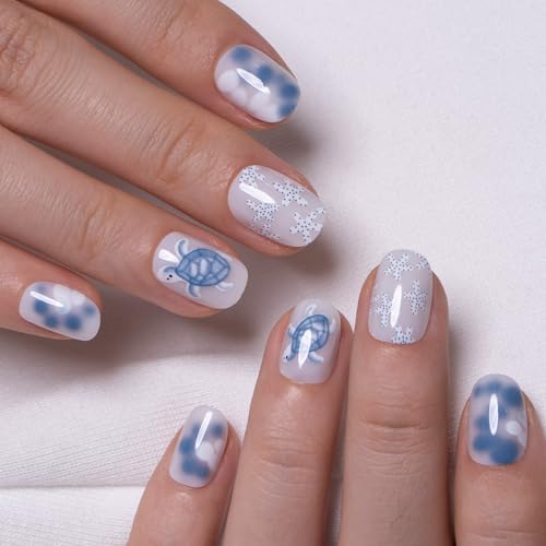 Image of CurvLife Press On Nails Extra Short - 32Pcs 16Size Soft Gel Oval Fake Nails, Reusable Glue On Nail Kit with Adhesive Tabs, Natural Fit & Salon-Quality for Women & Girls (Turtle Dream)