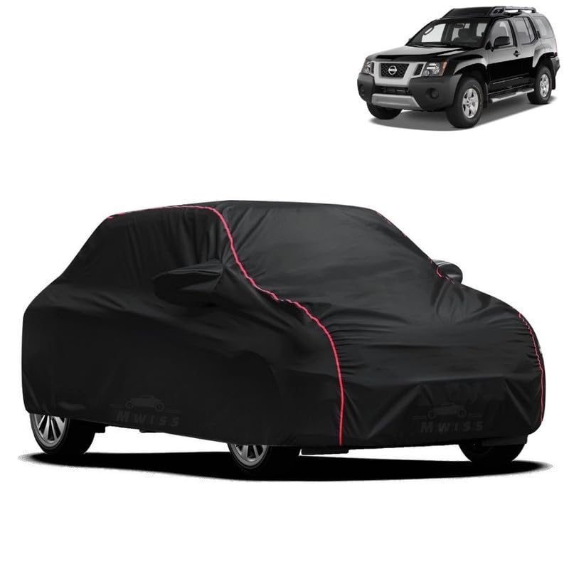 Image of Waterproof Car Cover for Nissan Xterra | All-Weather Protection, Dustproof & UV Resistant | Triple Stitched Mirror Pockets, Windproof Buckle Strap with Elastic Hem, Black-Red Piping