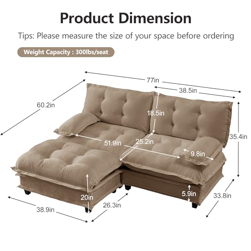 Image of 77 inch Sectional Sleeper Sofa with Ottoman, L Shaped Modular Deep Seat Couches for Living Room Apartment, Flexible Module Combination Cloud Sofa with Spring Support, Easy Assembly, Coffee