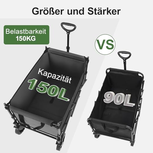 Sekey XXL Bollerwagen Faltbar Kinder 150L 150KG, Faltbarer Bollerwagen mit Dach Klappbarer Handwagen mit Sonnenschutz für Ausflug Strand Camping, S4018, Grau