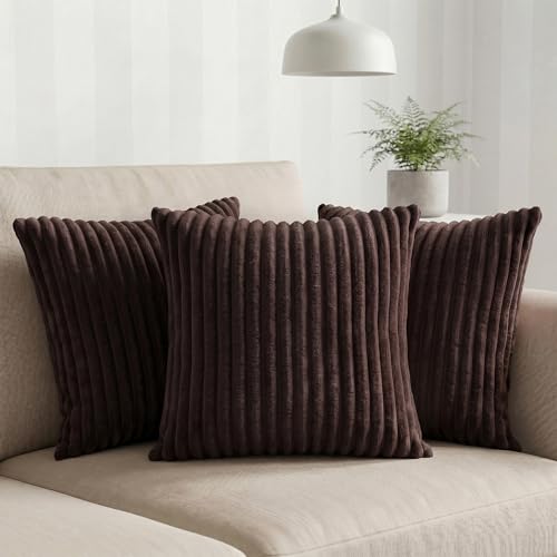 Image of Yellow Weaves Pencil-Stripe Fur Cushion Covers | Soft Polyester | Decorative Sofa & Throw Pillow Covers | 16x16 Inches, Pack of 3 (Coffee)