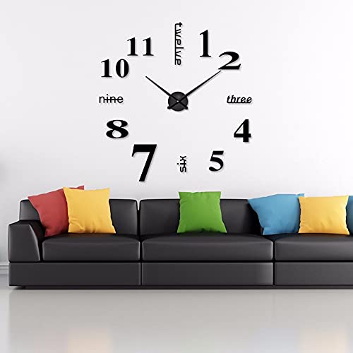 VinJoyce 3D DIY Large Wall Clocks for Living Room Decor, Wall Stickers Clocks for Living Room Decor, Silent, Modern Wall Clock for Kitchen, Office, School, Home, Bedroom, Living Room (Black)